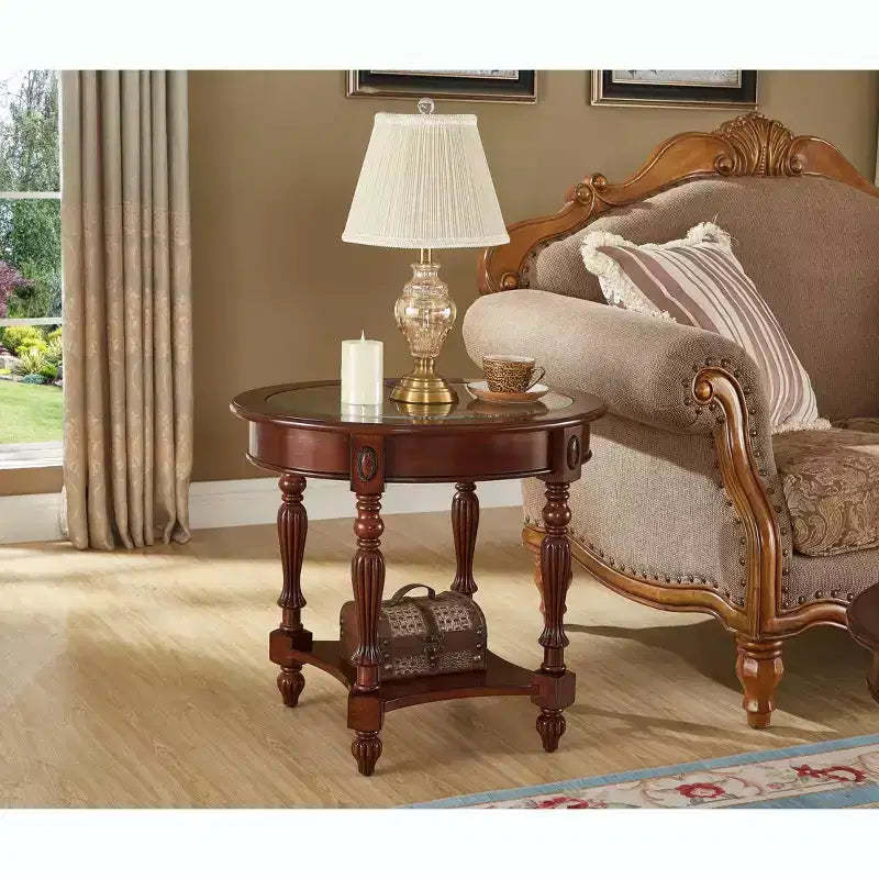 EHMKNP Oval Classic Solid Wood End Table with Glass Top