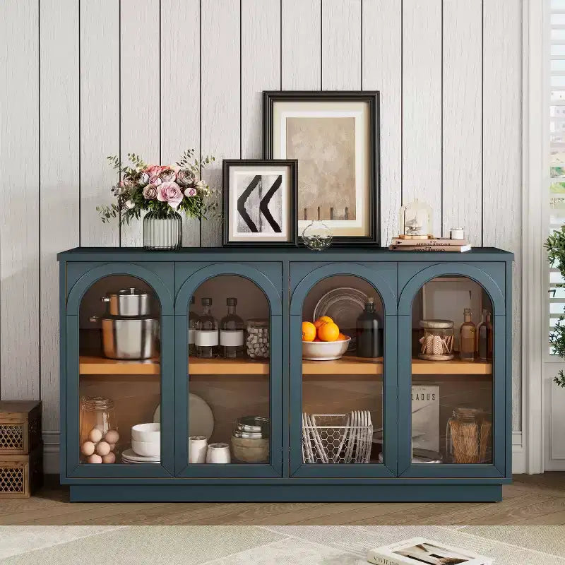 Modern Arched Glass Door Sideboard Buffet Cabinet, Media Console with Adjustable Shelf, Push-to-Open System - Panipeachy