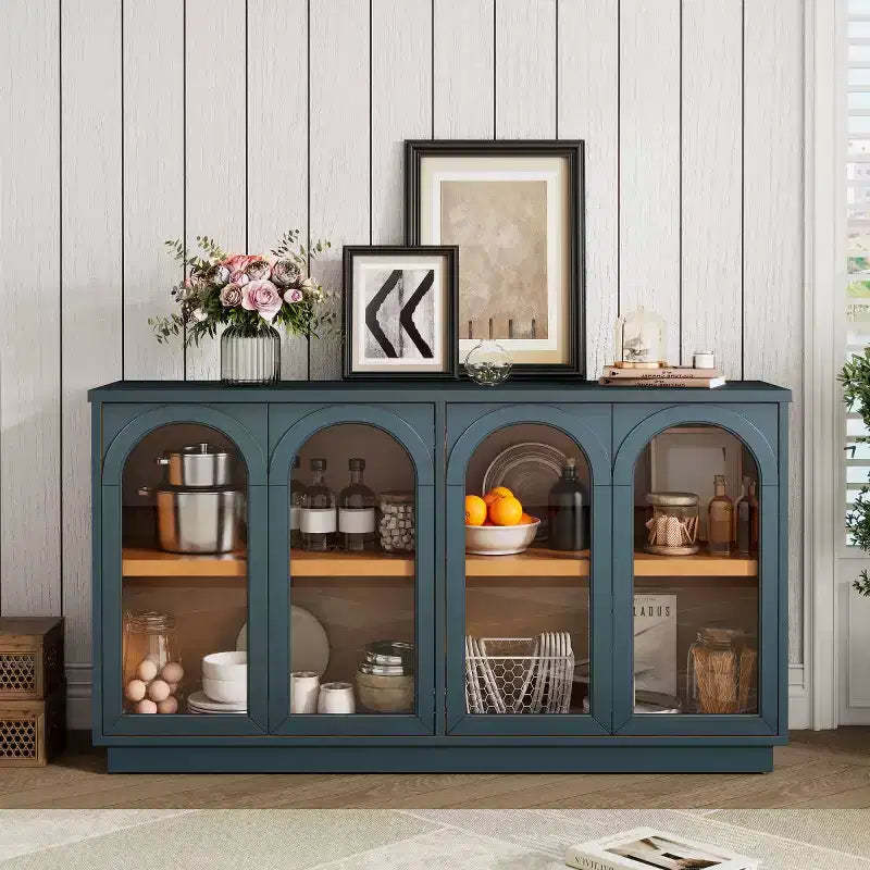 Modern Arched Glass Door Sideboard Buffet Cabinet, Media Console with Adjustable Shelf, Push-to-Open System - Panipeachy