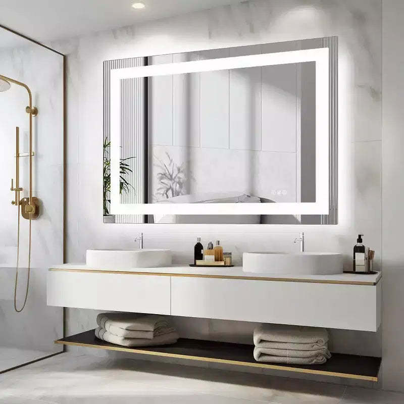 Okak Modern Anti-fog Glass Bathroom Mirror with Dual Light Source & Three Dimmable Modes,Wall Mirror Vanity Mirror for Bathroom