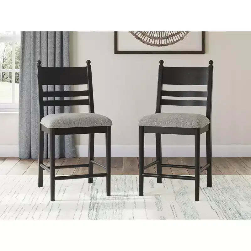 Signature Design by Ashley Chadworth Counter Height Upholstered Barstools, Set of 2, Black Wood Frame with Gray Foam Cushioned Seat