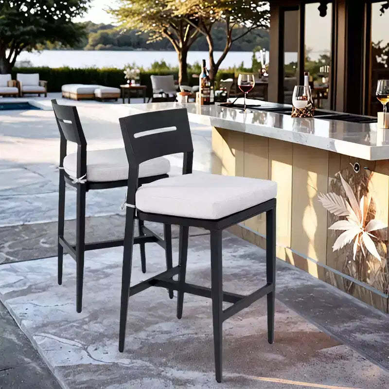 Aluminum Patio Bar Stools with Ergonomic Backrests, Tapered Legs, Footstools, and Cushions; Weather-Resistant and Suitable for Gardens