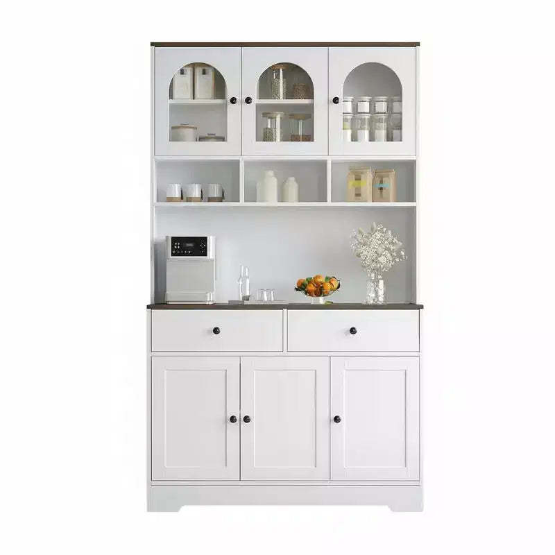 GustoWave Farmhouse Kitchen Pantry Cabinet, 71 Tall Food Storage Hutch with Open Shelves, Countertop & Glass Door Display for Dining Room