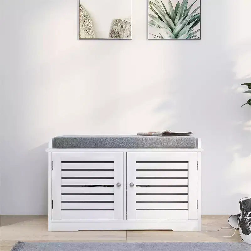 Shoe Storage Benches White Shoe Rack Bench with 2 Doors & Padded Seat Cushion in Grey Shoe Cabinet Shoe Entryway Bench with Shoe Organizer