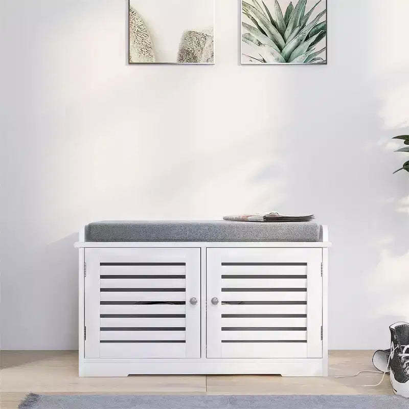 Shoe Storage Benches White Shoe Rack Bench with 2 Doors & Padded Seat Cushion in Grey Shoe Cabinet Shoe Entryway Bench with Shoe Organizer