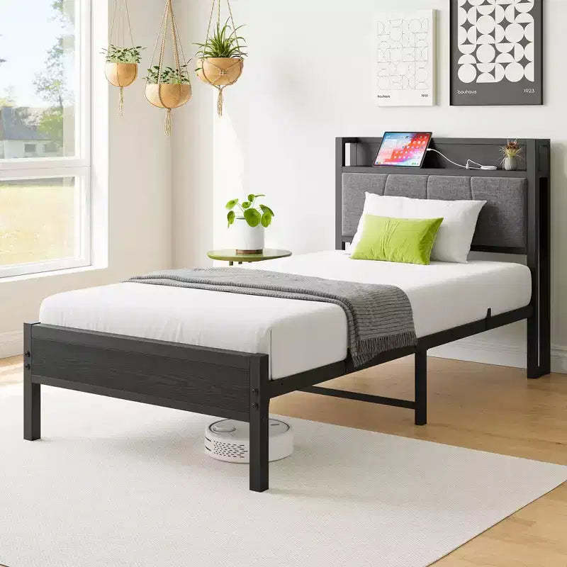 MAYEERTY Twin Size Bed Frame with Storage Headboard & Charging Station, No Box Spring Needed for Bedroom