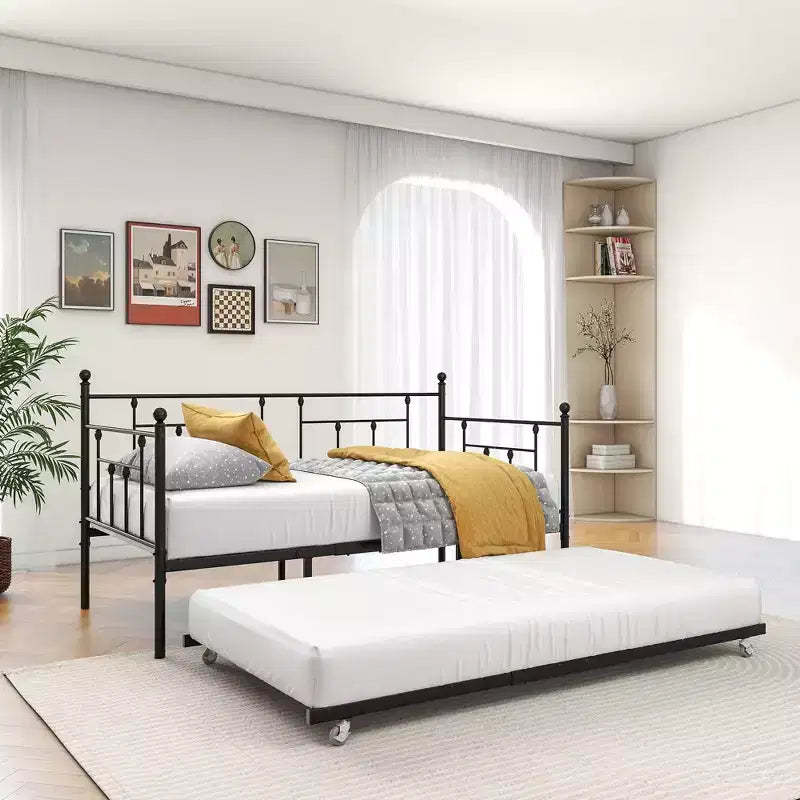 MAYEERTY Twin Size Metal Daybed with Trundle, 2-in-1 Sofa Bed, Space-Saving for Guest Room & Living Room, Black