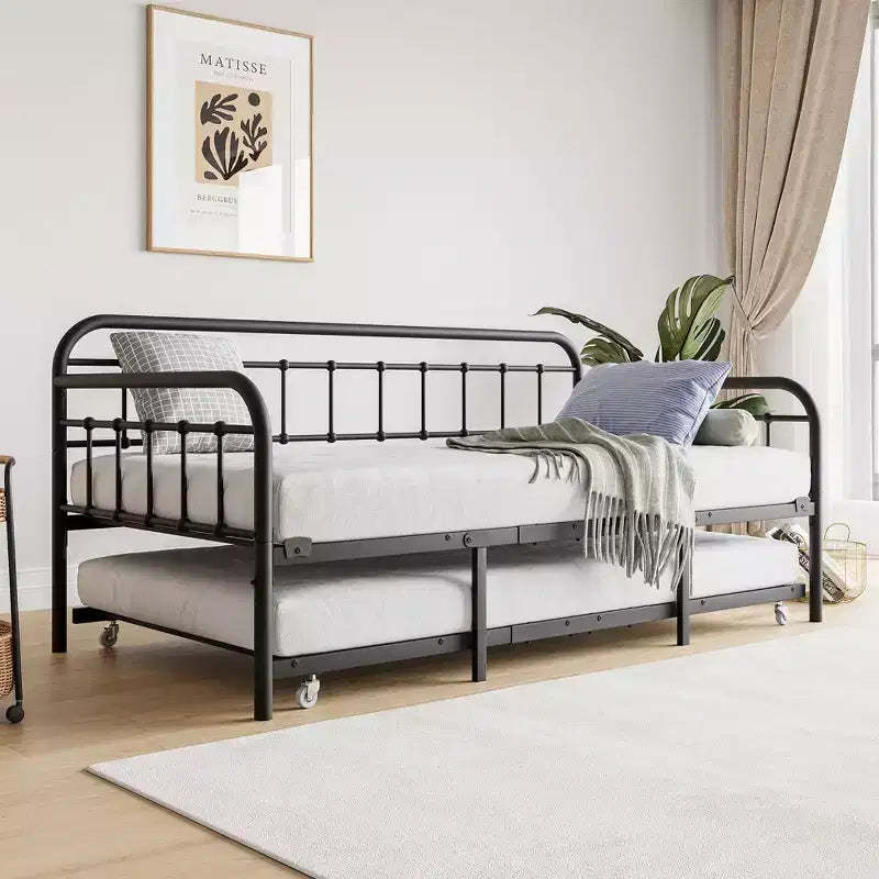 MAYEERTY Twin Size Metal Daybed Frame with Trundle, Heavy Duty Sofa Bed Platform, No Box Spring Needed, Black