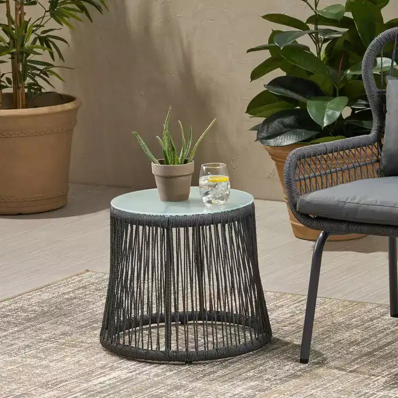 Woven Rope Side Table with Tempered Glass Top, Iron Frame Small Nightstand for Living Room Patio Bedroom