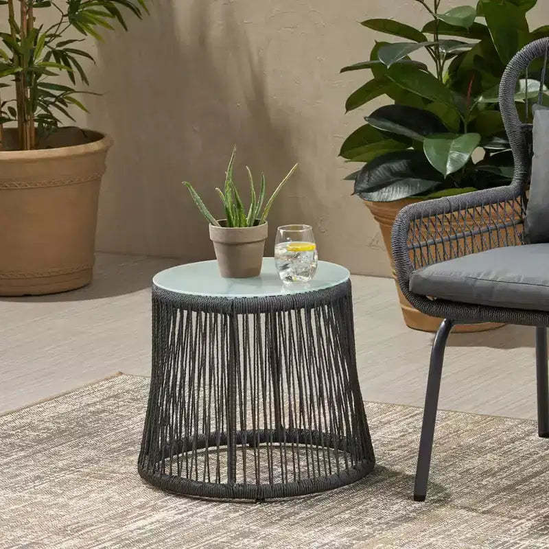 Woven Rope Side Table with Tempered Glass Top, Iron Frame Small Nightstand for Living Room Patio Bedroom