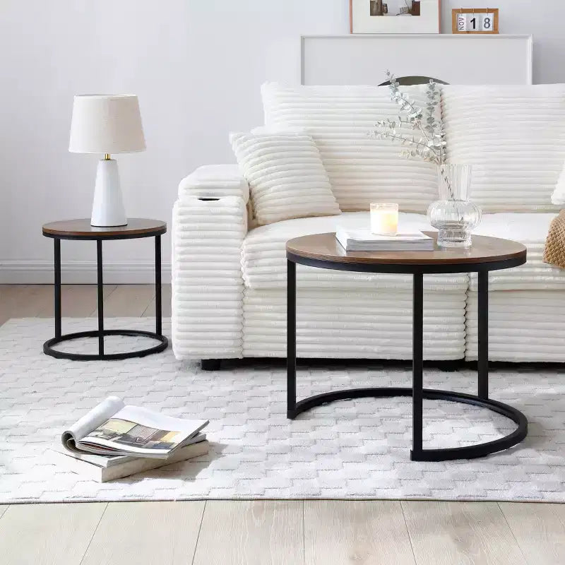 Round Nesting Table Set of 2, Removable Modern Side Table with Wooden Tabletop & Metal Frame, Industrial Stacking Side Table for Living Room