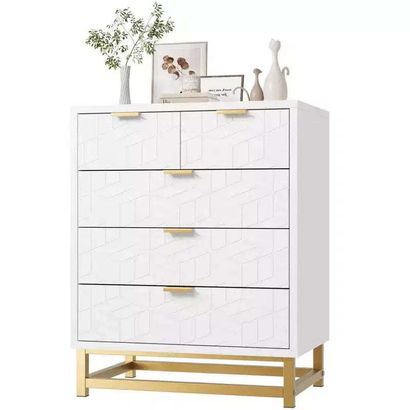 White 5 Drawer Dresser with Wide Storage, Modern Chest Organizer with Metal Legs, Chest of Drawers