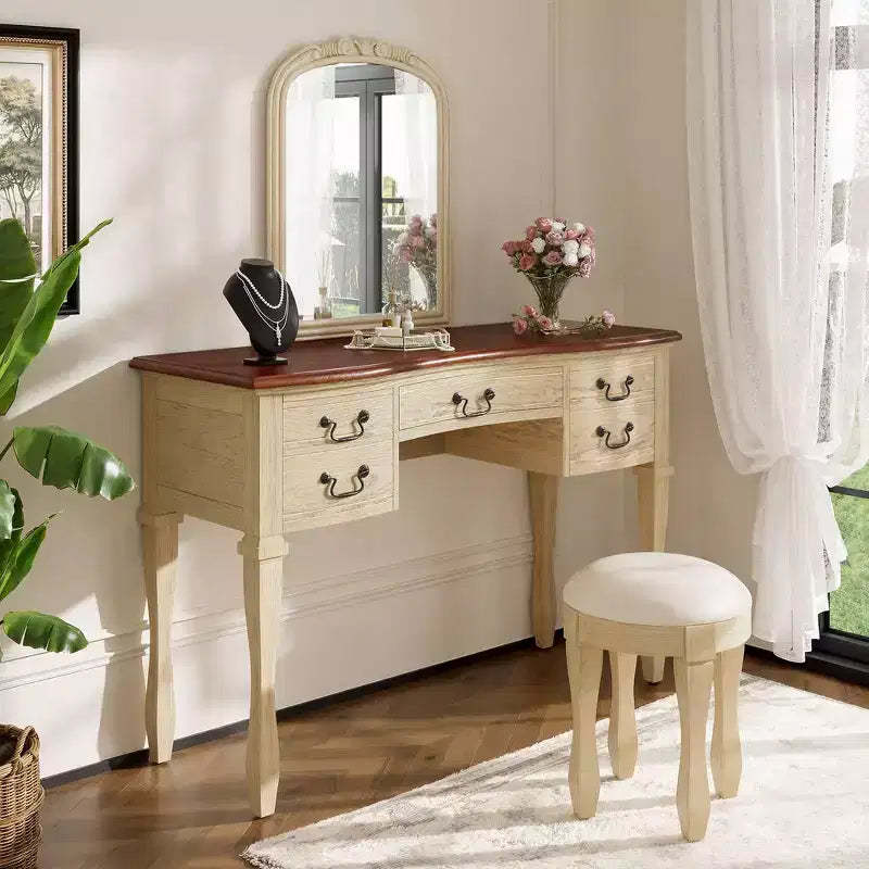 Whisen Vintage Makeup Vanity, Dressing Table with Curved Flower Frame Mirror, 5 Drawers and Leather Stool - Brown & Antique White