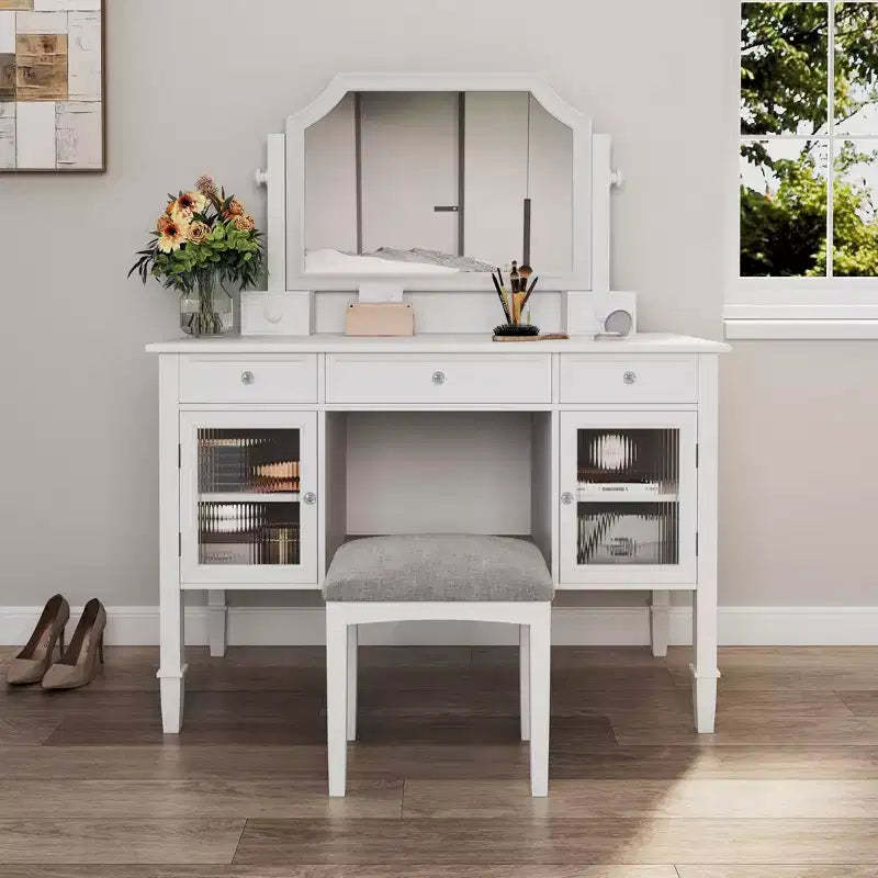 ModernLuxe Makeup Vanity Desk with Large Adjustable Mirror, Stool & Drawers, White Vanity Table Dressing Table Multi-Functional Computer Writing Desk