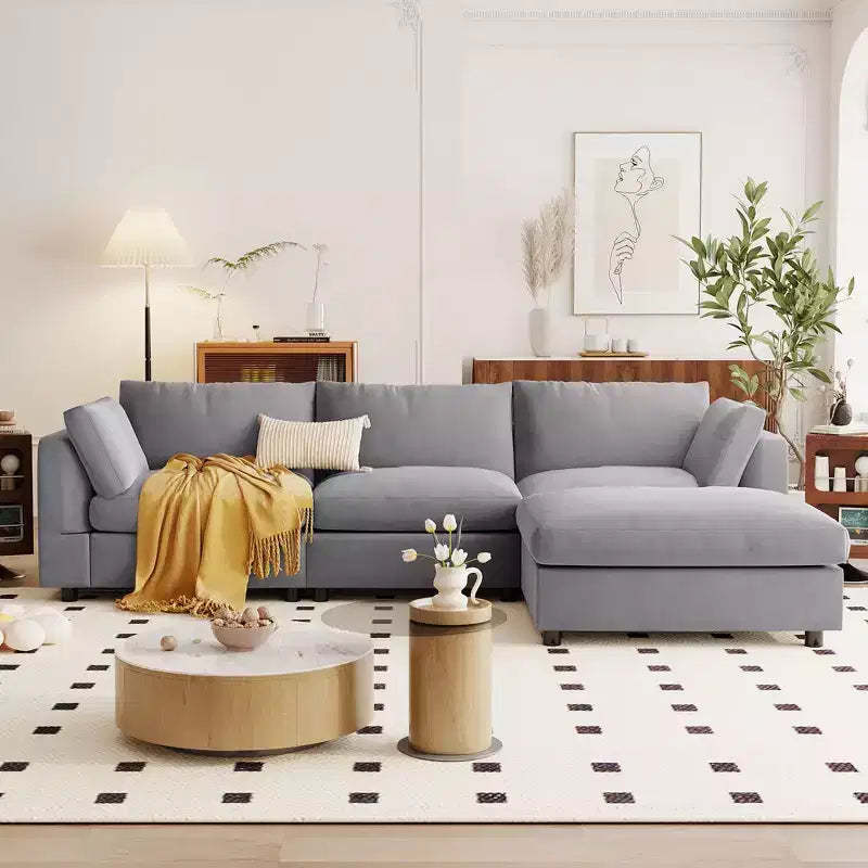 Convertible l Shaped Sectional Sofa with Footstool, 3-4 Seat Upholstered Sofa for Living Room Apartment