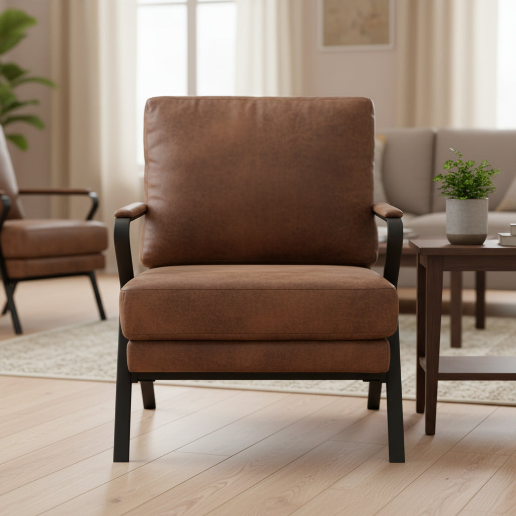 Okak Mid-Century Accent Chair with Iron Frame, Upholstered Reading Chair with Thicker Cushion, Arm Chair for Living Room, Bedroom, Brown