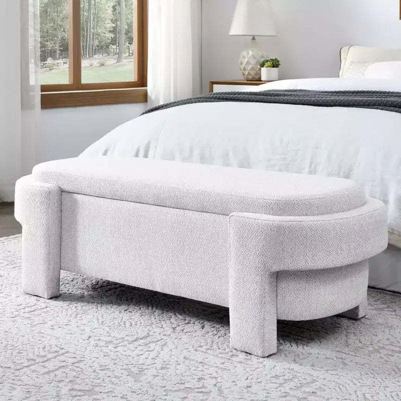 Okak Oval Storage Ottoman with Large Storage Space, Storage Bench with Decorative Wooden Legs and Linen Cushions, Entryway Bench