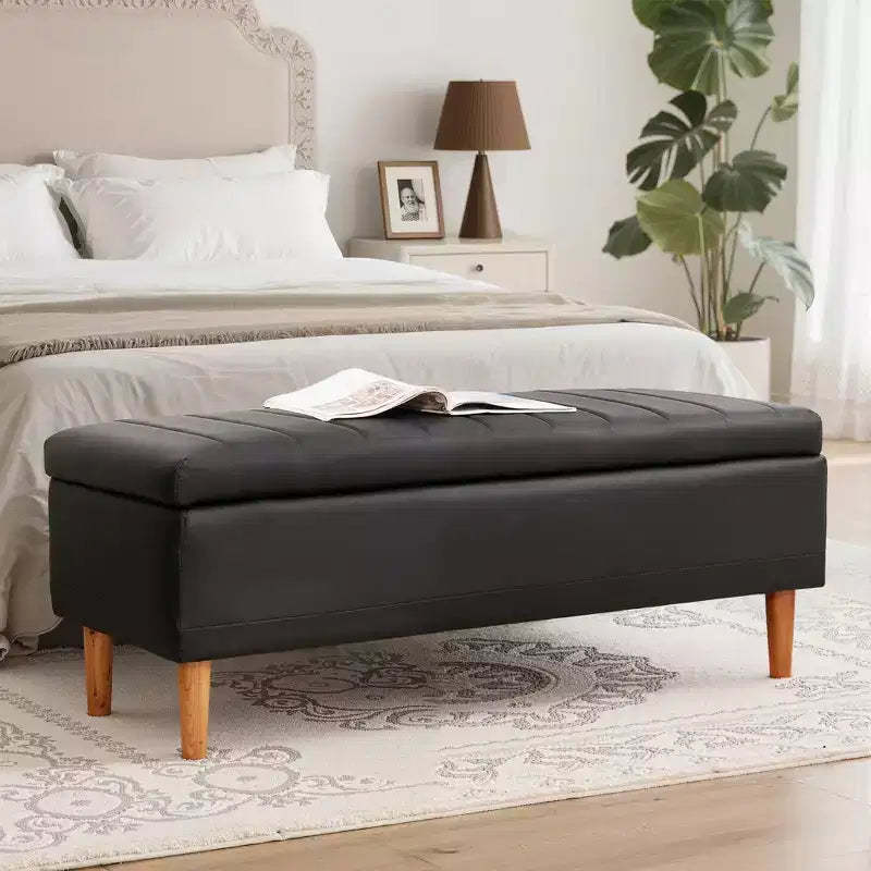 VECELO Modern Soft PU Leather Storage Bench, Ottoman 44 Shoestool with 6.1 Deep Storage Space for Living Room or Bedroom, Easy to Clean, Black