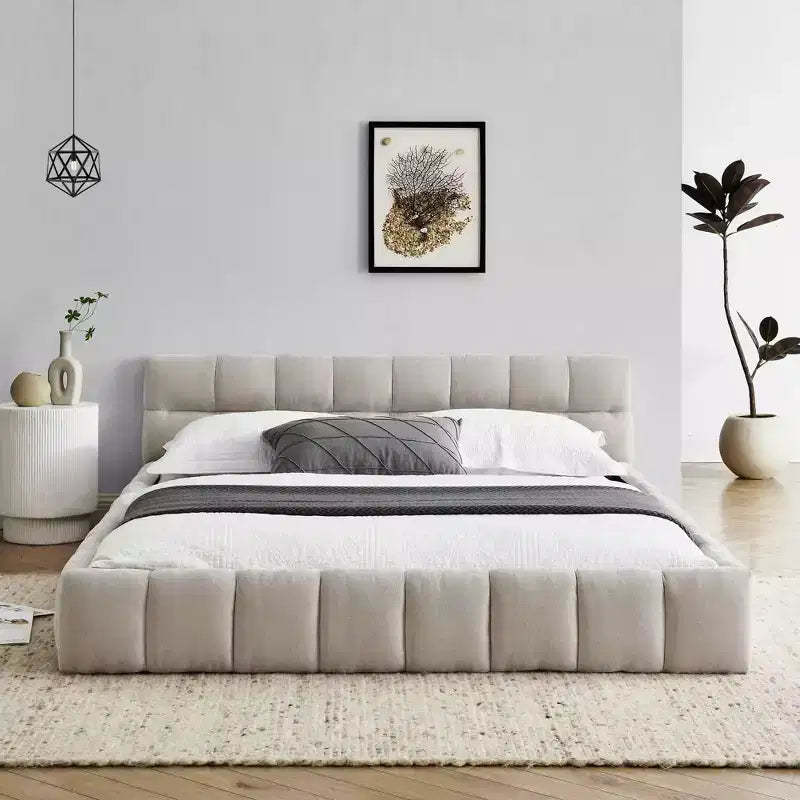 MAYEERTY Queen Size Upholstered Bed Frame with Headboard Solid Frame Chenille Fabric Beige
