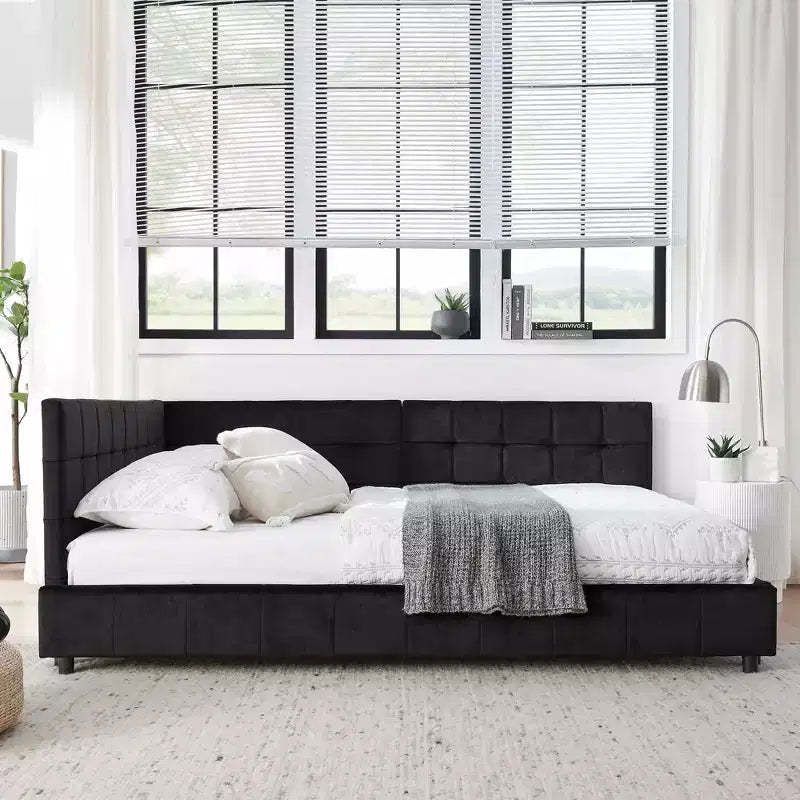 MAYEERTY Full Size Upholstered Tufted Bed Frame with Comfirtable Backrest and Armrests for Bedroom Living Room Black