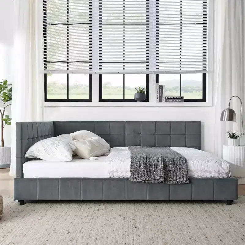 MAYEERTY Full Size Upholstered Tufted Bed Frame with Comfirtable Backrest and Armrests for Bedroom Living Room Gray