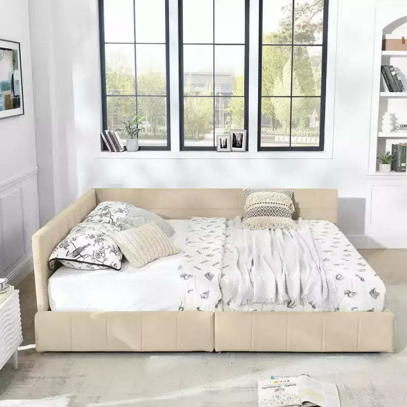 MAYEERTY Queen Size Storage Upholstered Tufted Bed Frame with Backrest and Armrests for Bedroom Beige