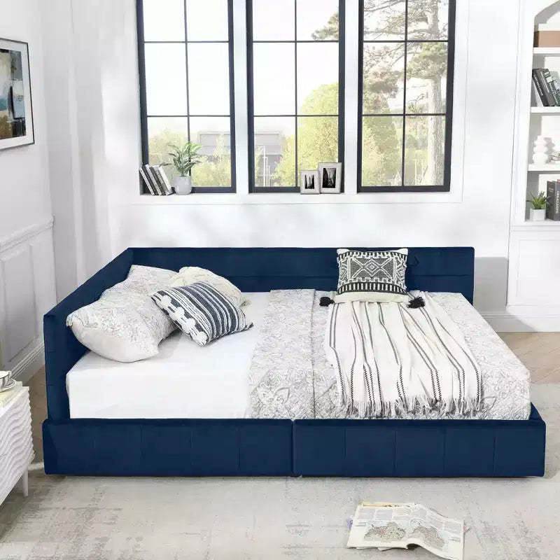 MAYEERTY Queen Size Storage Upholstered Tufted Bed Frame with Backrest and Armrests for Bedroom Blue