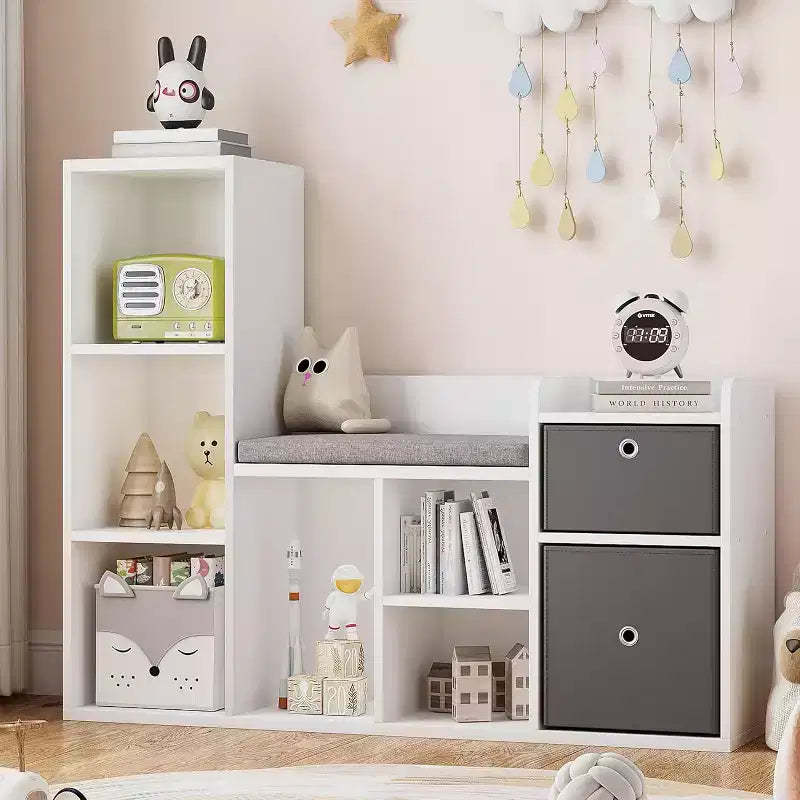 Acekool Wooden Kids Bookshelf, 5-Cubby Playhouse Bookcase with Storage Boxes, Organizer Shelf for Nursery Playroom Bedroom, White