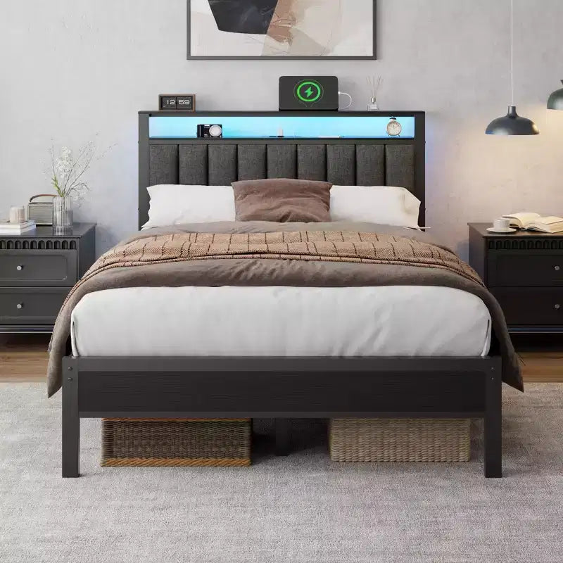 Full Size Platform Bed Frame LED Lights Charging Station Gray Upholstered Headboard Storage Shelves Modern Bedroom Furniture Kids Teens USB