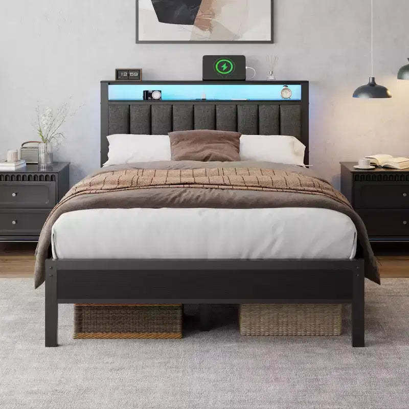 Full Size Platform Bed Frame LED Lights Charging Station Gray Upholstered Headboard Storage Shelves Modern Bedroom Furniture Kids Teens USB