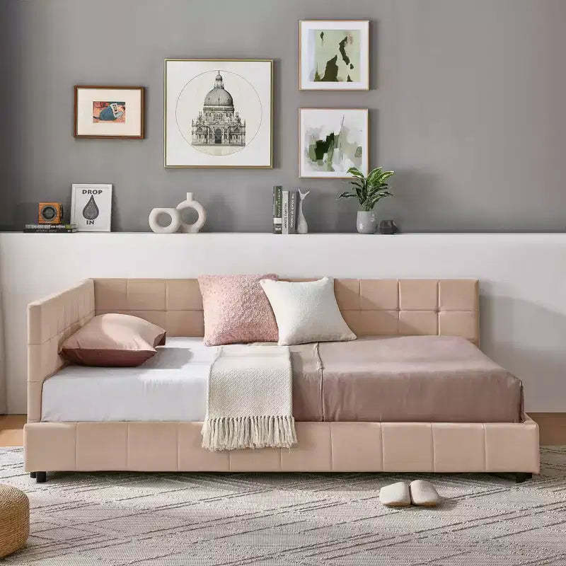 MAYEERTY Full Size Upholstered Tufted Bed Frame with Backrest and Armrest for Bedroom Pink