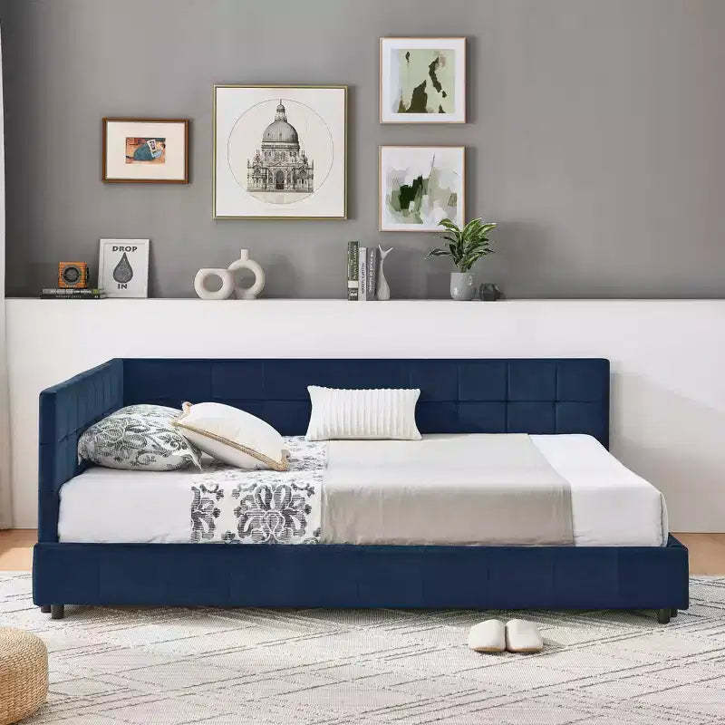MAYEERTY Full Size Upholstered Tufted Bed Frame with Backrest and Armrest for Bedroom Blue