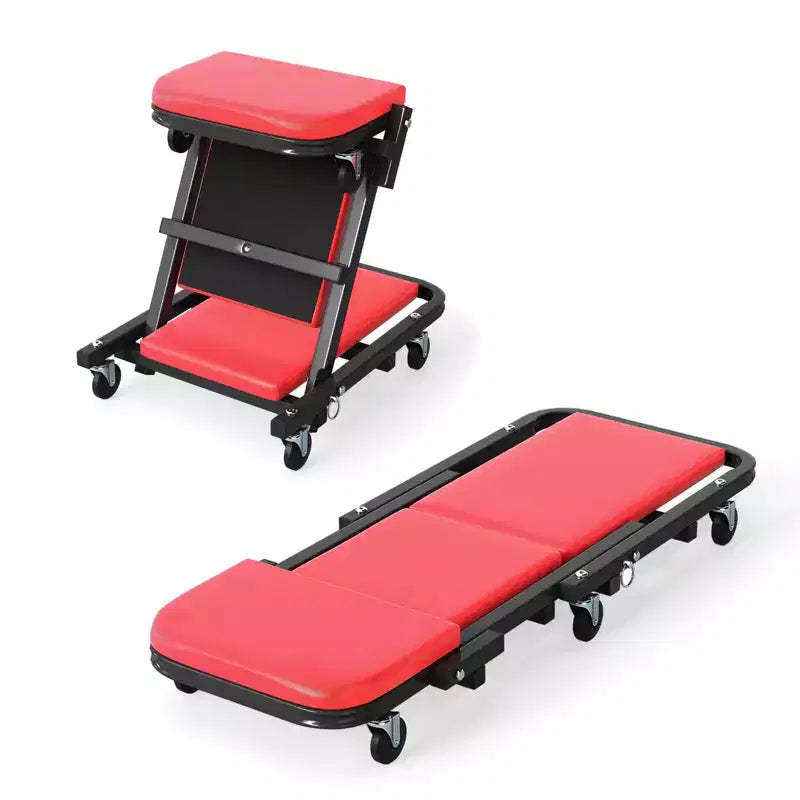 Costway 2-in-1 Rolling Folding Z Creeper Seat with 6 Swivel Casters, Heavy Duty Metal Frame Black + Red/Black