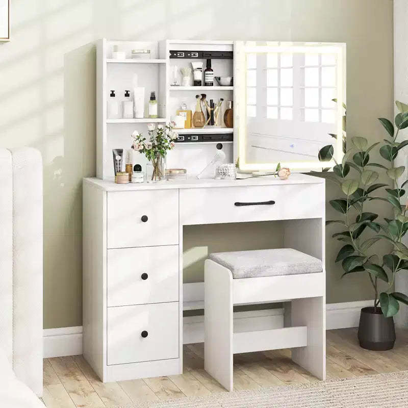 Costway Vanity Desk with Sliding Mirror and Lights Makeup Table and Chair Set with 4 Drawers White