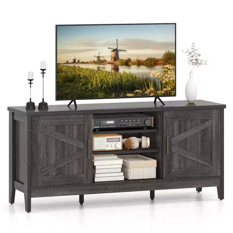 Costway Farmhouse TV Stand for TVs up to 65 Entertainment Center with 2 Storage Cabinets Gray