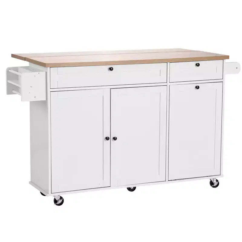 VEVOR Kitchen Island Cart with Storage, 60in Wide Mobile Kitchen Cart with Wheels, Drop Leaf, 2 Drawers, Trash Can Cabinet, Knife Holder,White