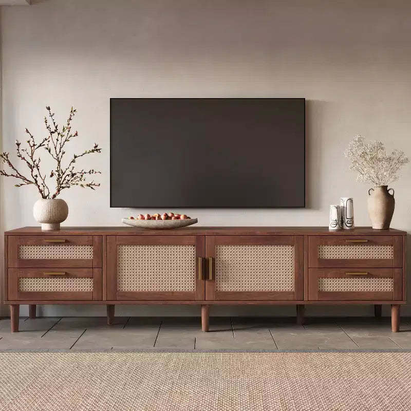 78 TV Stand for TVs up to 85, Media Console Cabinet with 4 Drawers & Rattan Doors, Modern Entertainment Center, Walnut - ModernLuxe
