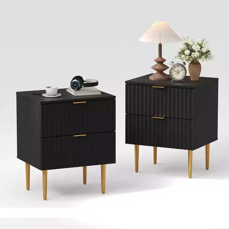 2PCS Modern Nightstand with Charging Station, 2 Drawers & Wood Fluted Design | Gold Bedside Table for Bedroom, Living Room & Home Office