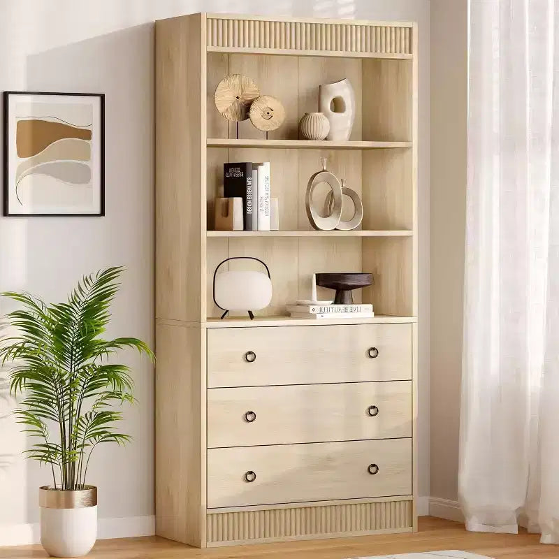Fluted Bookshelf with Drawers, 6-Tier Tall Bookcase with Storage Cabinet, Waved Design Display Open Shelf for Living Room, Kitchen Pantry