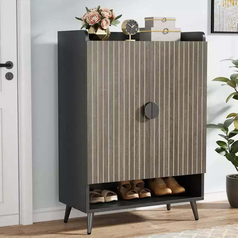 Lantine Shoe Cabinet with Doors, 7-Tier Shoes Rack with Adjustable Shelves, Wooden Shoe Storage Organizer for Entryway, Closet, Living Room, Gray