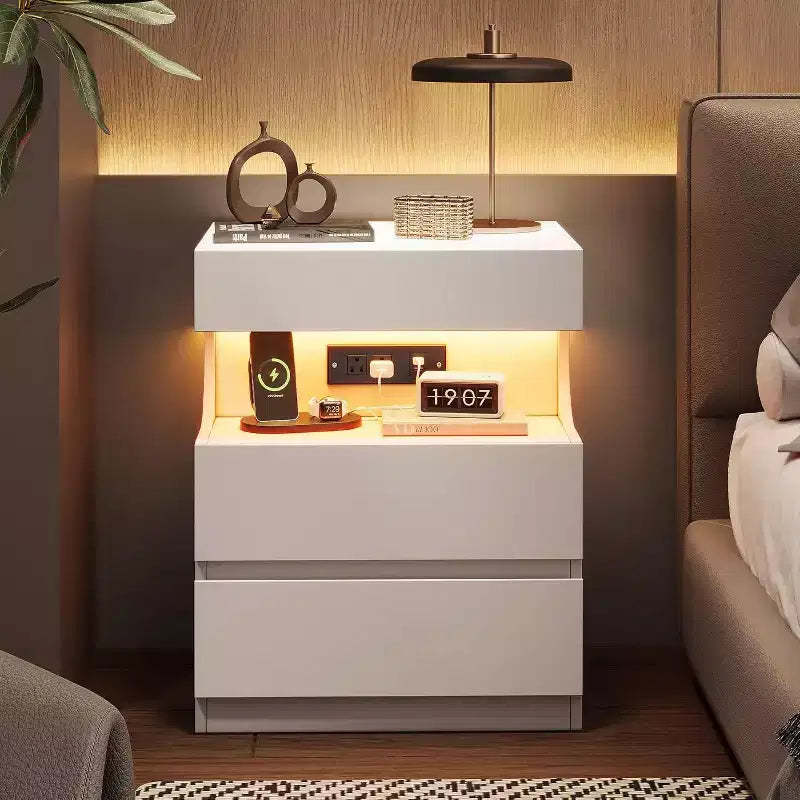 Smart LED Nightstand with App Control | 3 Drawers & U-Shape Shelf | USB/AC Charging Station | White Modern Bedside Table for Bedroom