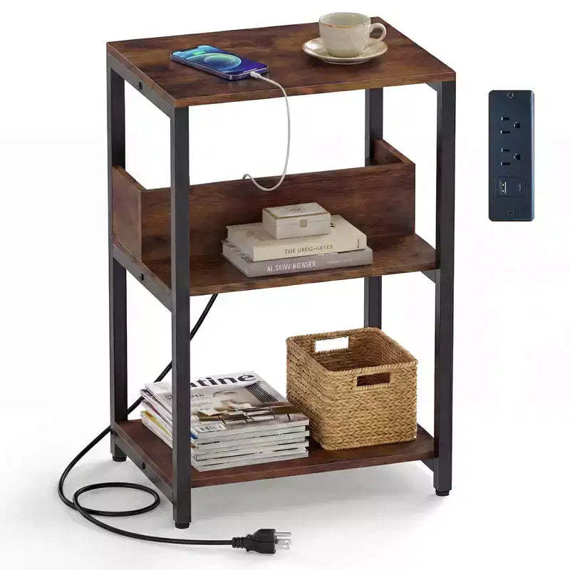Costway 1/2 PCS Nightstand with Charging Station, 3-Tier Bedside Table with Open Shelves & Metal Frame Brown