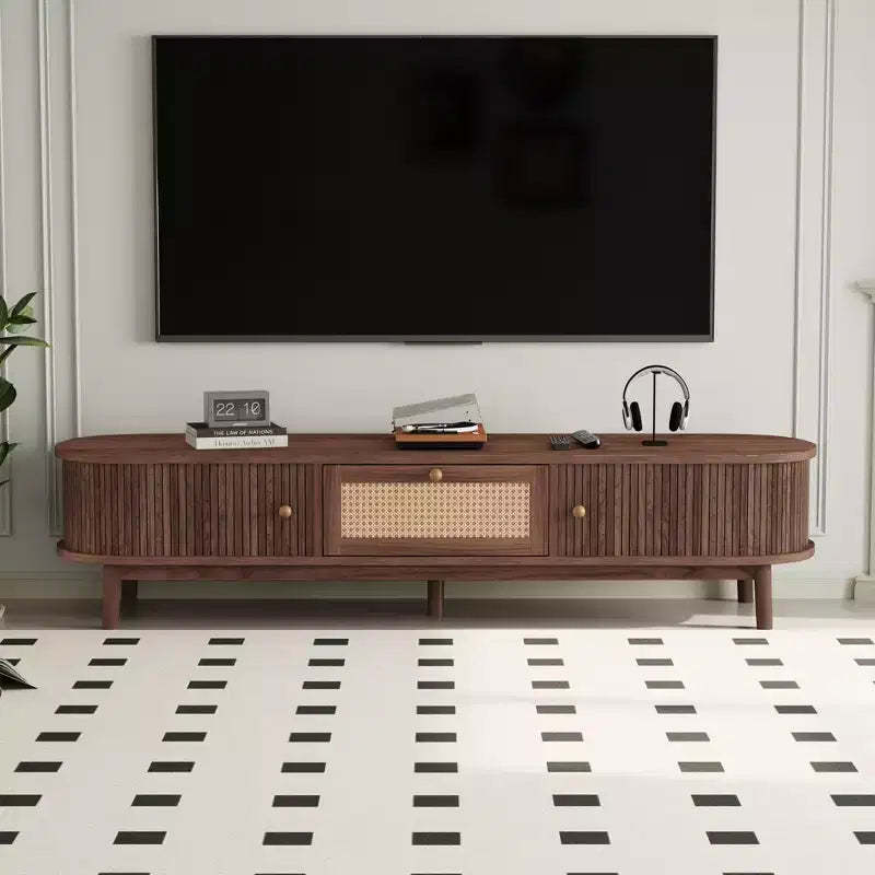 Modern 75 TV Stand with Rattan Drawer & Sliding Doors, Stylish Media Console Wood Entertainment Center with 2 Storage Cabinets, Dark Brown - HABITRIO