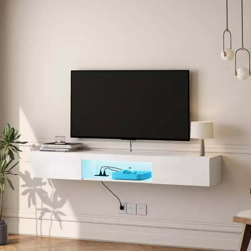 JVNOXK 62.99inch Floating Wall-Mounted TV Stand with 16-Color LED Lighting, 63-Inch Modern TV Stand, Compatible with 55/60/65-Inch TVs, White