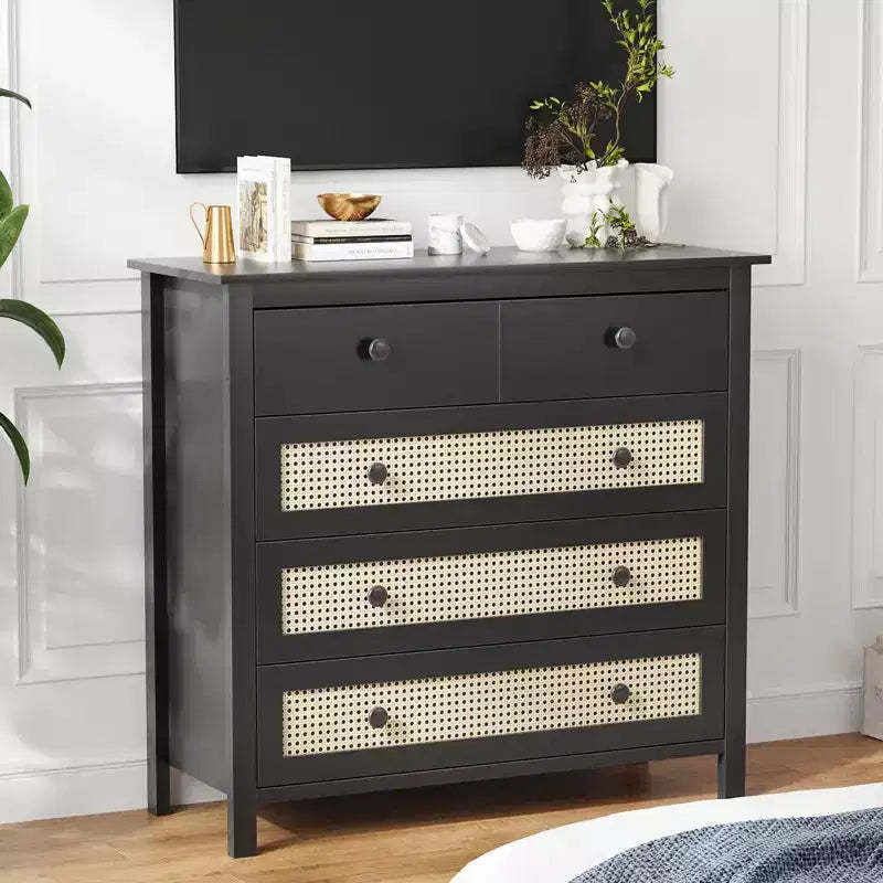 JVNOXK 4-Drawer Sideboard Modern rattan design with wooden storage compartments Ideal for living room entryways, console tables Black