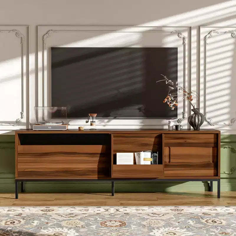 JVNOXK 70.8-inch Mid-Century Modern TV Console with storage space, sliding doors, adjustable shelves, and metal frame. Ideal for living rooms
