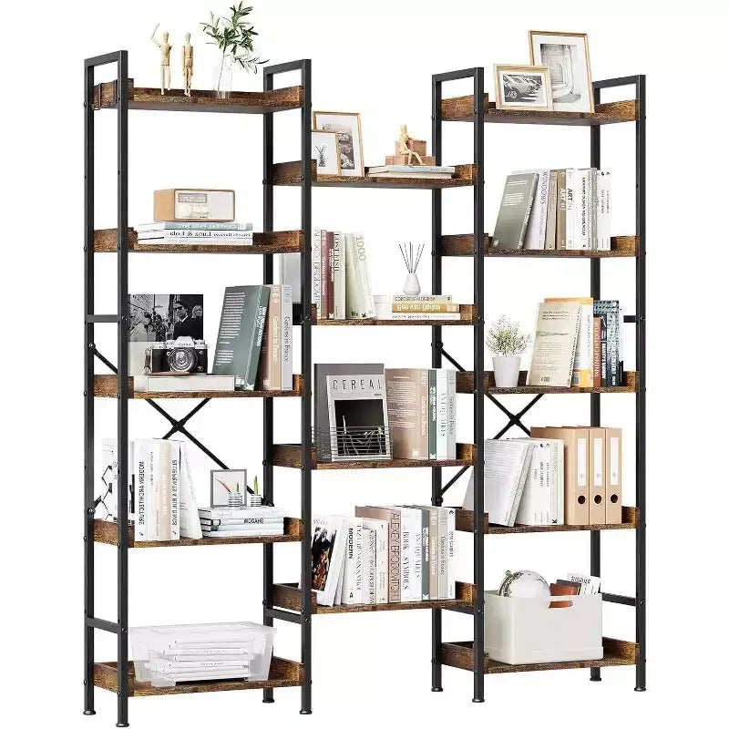 Triple 5-Tier Industrial Bookshelf,Wooden Bookcase with 14 Open Shelves,Sturdy Metal Frame,Storage Rack for Living Room, Bedroom, Home Office