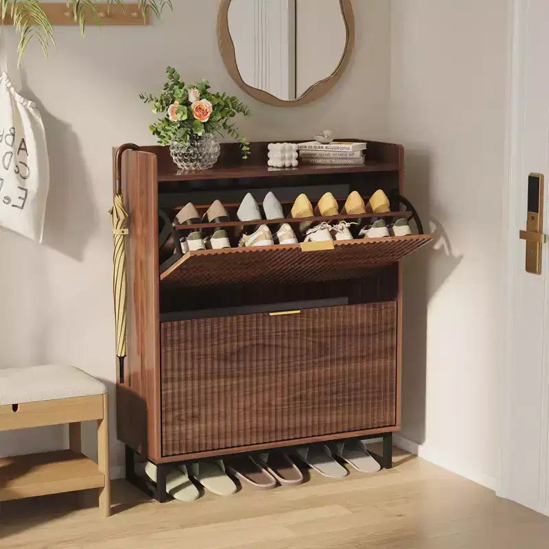 COZONY Shoe Storage Cabinet with 2 Flip Drawers, Narrow Fluted Shoe Rack Organizer, Walnut, 11.8in Deep
