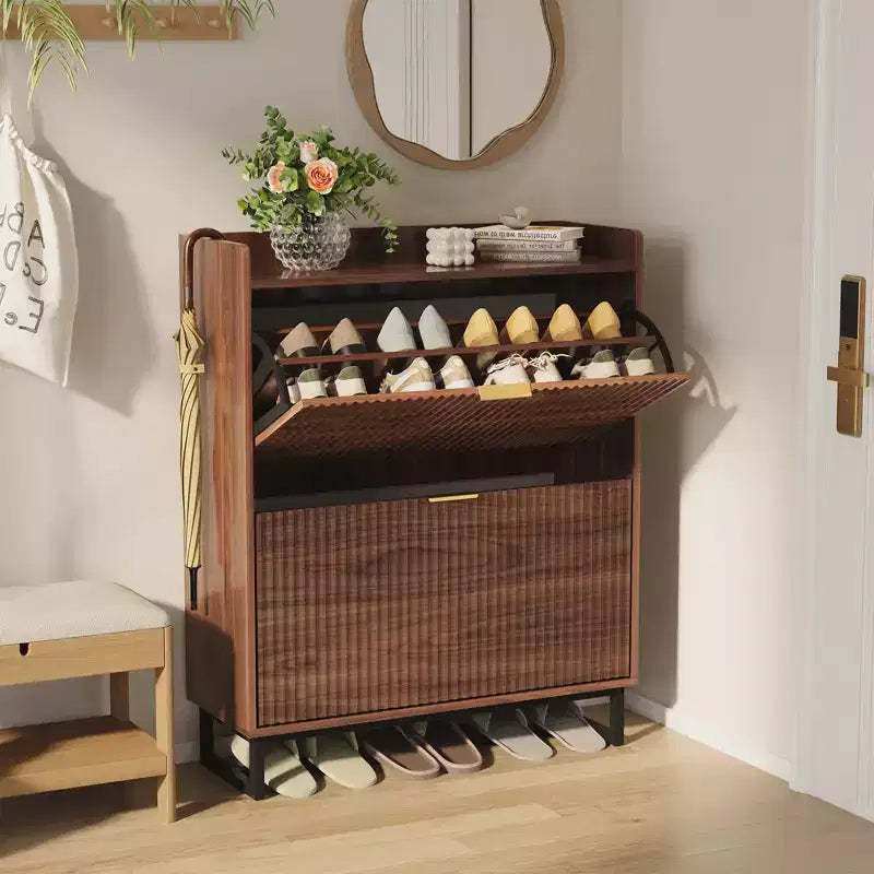 COZONY Shoe Storage Cabinet with 2 Flip Drawers, Narrow Fluted Shoe Rack Organizer, Walnut, 11.8in Deep