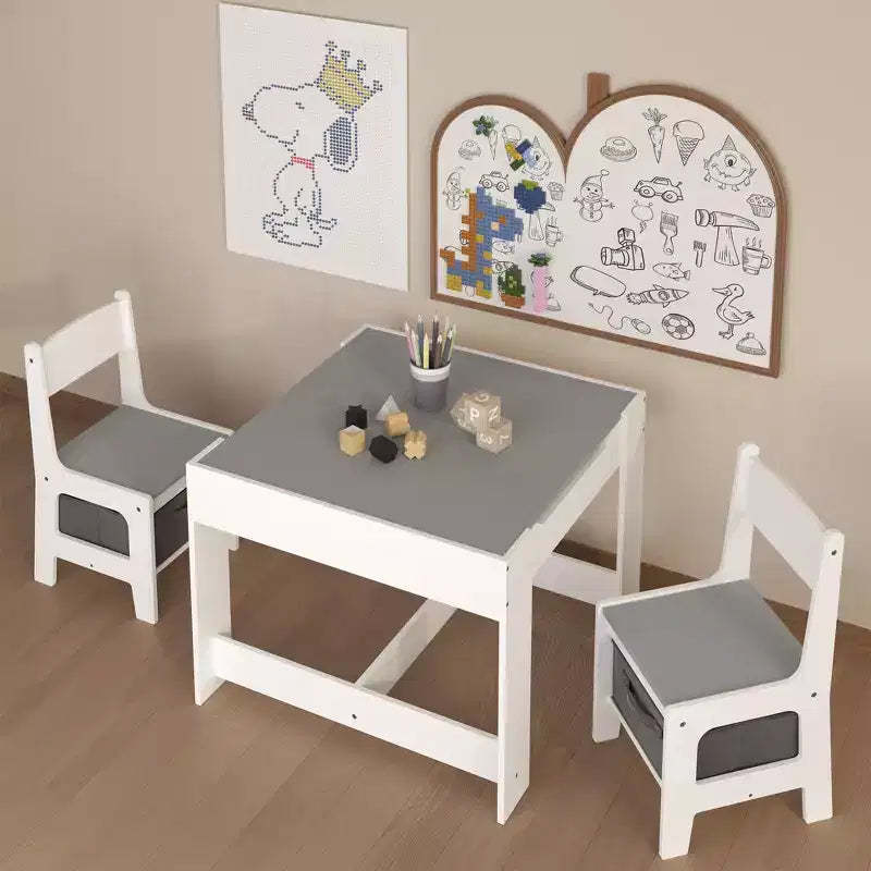 Kids Table and Chair Set, 3 in 1 Wooden Activity Table with Storage Drawer for Toddlers Drawing, Reading, Crafts, 2 in 1 Detachable Tabletop Table Set